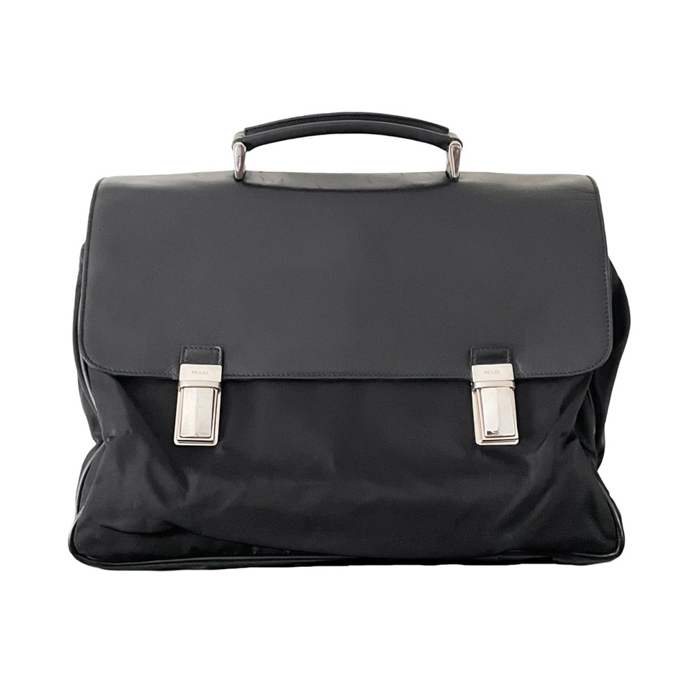 Prada black nylon and leather silver pushlock vintage iconic slouchy briefcase